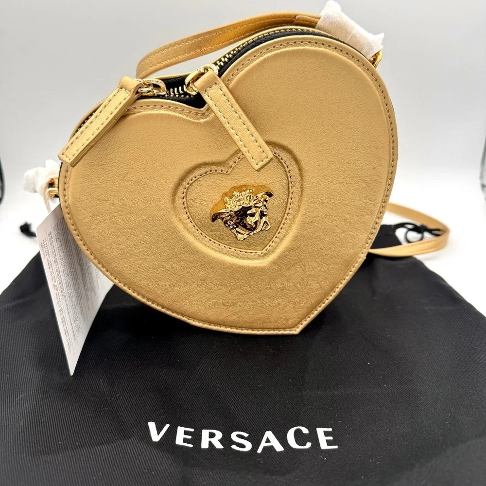 NWT Versace Heart Medusa Crossbody Strap Bag Gold Leather Kids Purse Logo Plaque
